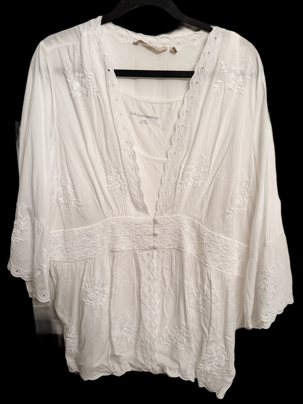 Soft Surroundings White Embroidered V-Neck Peasant Blouse